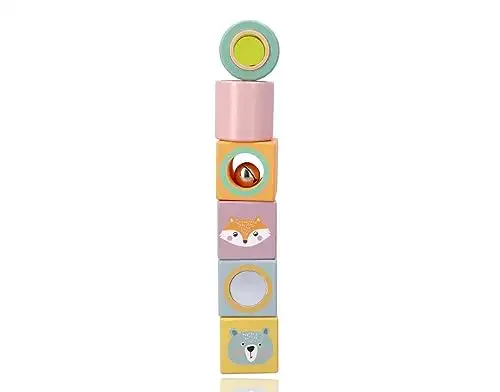 Klangbausteine, Holzbausteine, Bauklötze Baby - 6 Holzklötze: 4 Würfel, 2 Zylinder - Kinder Stapelspielzeug ab 1 Jahr - Sensorisches Spielzeug - Motorik-Spielzeug - Motiv Waldtiere — 11