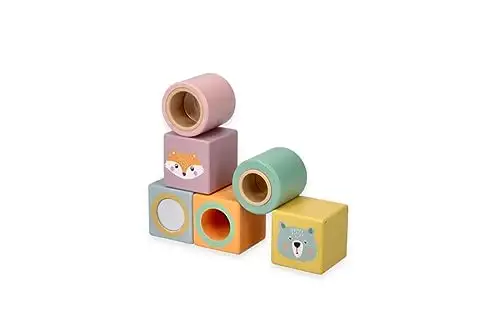 Klangbausteine, Holzbausteine, Bauklötze Baby - 6 Holzklötze: 4 Würfel, 2 Zylinder - Kinder Stapelspielzeug ab 1 Jahr - Sensorisches Spielzeug - Motorik-Spielzeug - Motiv Waldtiere — 5