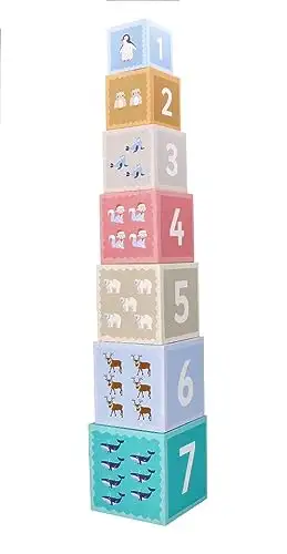 Stapelturm für Babys, Stapelbecher, Spielzeug ab 1 Jahr, arktische Tiere - 7X Tassen, 7X Tierfiguren - Bildungsspielzeug - Zahlen, Sprachen - Bemaltes Holz, Harter Karton - Geschenk für EIN Kleinkind — 14