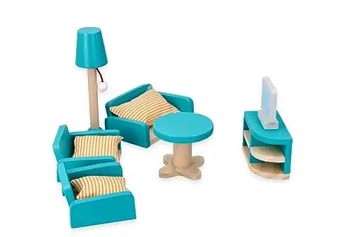 Puppenhaus-Möbel, Großes Möbelset, aus Holz, skandinavisches Set - Möbel für Wohnzimmer, Küche, Esszimmer, Lounge, Schlafzimmer und Terrasse - Stoffkissen - Einrichtung für eine gesamte Puppenstube — 23