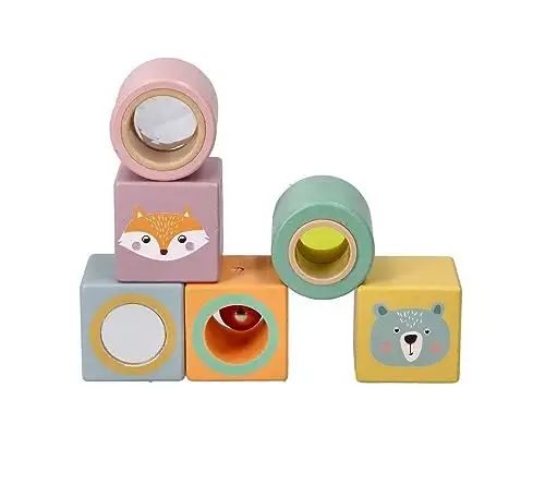 Klangbausteine, Holzbausteine, Bauklötze Baby - 6 Holzklötze: 4 Würfel, 2 Zylinder - Kinder Stapelspielzeug ab 1 Jahr - Sensorisches Spielzeug - Motorik-Spielzeug - Motiv Waldtiere — 2