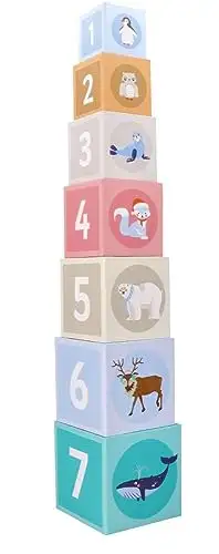 Stapelturm für Babys, Stapelbecher, Spielzeug ab 1 Jahr, arktische Tiere - 7X Tassen, 7X Tierfiguren - Bildungsspielzeug - Zahlen, Sprachen - Bemaltes Holz, Harter Karton - Geschenk für EIN Kleinkind — 5
