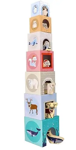 Stapelturm für Babys, Stapelbecher, Spielzeug ab 1 Jahr, arktische Tiere - 7X Tassen, 7X Tierfiguren - Bildungsspielzeug - Zahlen, Sprachen - Bemaltes Holz, Harter Karton - Geschenk für EIN Kleinkind — 11