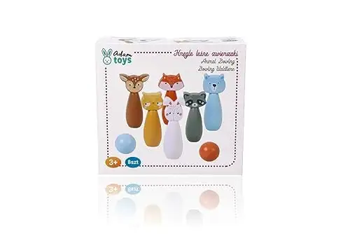 adam toys Kegelspiel für Kinder, 6 Kegel, 2 Bälle - Bowling-Set für Kinder, Waldtier-Figuren - Bemaltes Holz - Spielzeug ab 3 Jahre - Outdoor, Indoor - Kinderball, Geburtstag, Geschenk — 5