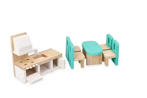 Puppenhaus-Möbel, Großes Möbelset, aus Holz, skandinavisches Set - Möbel für Wohnzimmer, Küche, Esszimmer, Lounge, Schlafzimmer und Terrasse - Stoffkissen - Einrichtung für eine gesamte Puppenstube — 17