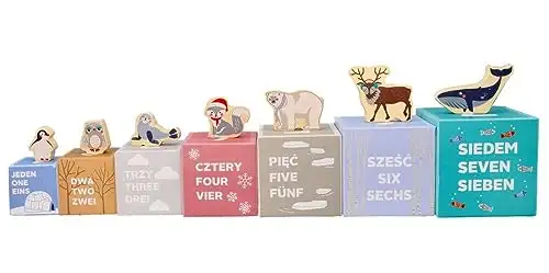Stapelturm für Babys, Stapelbecher, Spielzeug ab 1 Jahr, arktische Tiere - 7X Tassen, 7X Tierfiguren - Bildungsspielzeug - Zahlen, Sprachen - Bemaltes Holz, Harter Karton - Geschenk für EIN Kleinkind — 20