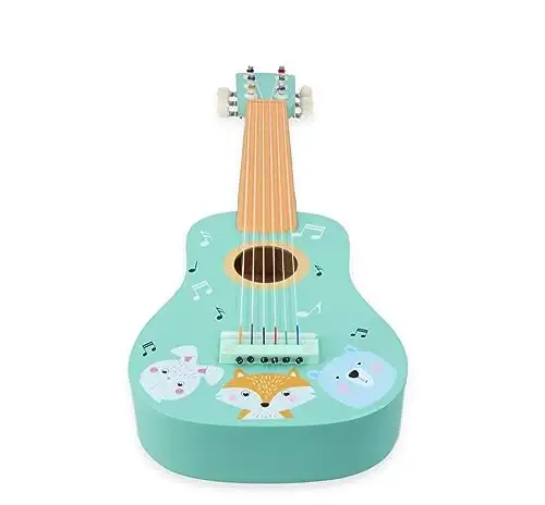 Kindergitarre aus Holz, Gitarre für Kinder ab 3 Jahre, 53x17x6 cm, 6-saitige Spielzeuggitarre, Nylonsaiten - mit Waldtieren und Noten verziert - bemaltes Holz - Musikinstrumente für Kinder — 5