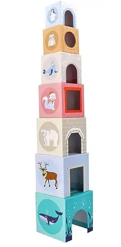 Stapelturm für Babys, Stapelbecher, Spielzeug ab 1 Jahr, arktische Tiere - 7X Tassen, 7X Tierfiguren - Bildungsspielzeug - Zahlen, Sprachen - Bemaltes Holz, Harter Karton - Geschenk für EIN Kleinkind — 8