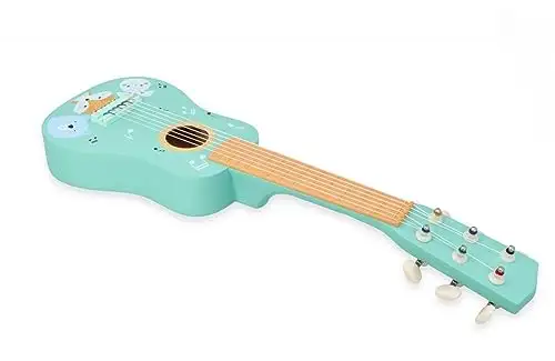 Kindergitarre aus Holz, Gitarre für Kinder ab 3 Jahre, 53x17x6 cm, 6-saitige Spielzeuggitarre, Nylonsaiten - mit Waldtieren und Noten verziert - bemaltes Holz - Musikinstrumente für Kinder — 8