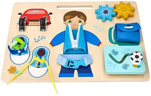 Motorik-Spielzeug mit der Figur Adam, Busy Board, Activity Board aus Holz, für Kinder ab 3 Jahren - Lernspielzeug - Zum Aufhängen im Kinderbett - Bemaltes Holz mit vorstehenden Elementen — 14