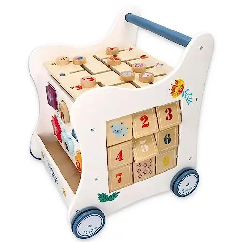 Lauflernwagen Holz Multi-Activity, 5-in-1 Spielzeug, Babywalker, Waldabenteuer, Waldtiere - Kinderspielzeug ab 1 Jahr - Lauflernwagen Junge, Mädchen - Blöcke, Stichsäge, Rad, Klemmbretter — 17