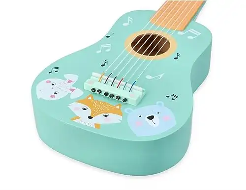 Kindergitarre aus Holz, Gitarre für Kinder ab 3 Jahre, 53x17x6 cm, 6-saitige Spielzeuggitarre, Nylonsaiten - mit Waldtieren und Noten verziert - bemaltes Holz - Musikinstrumente für Kinder — 11