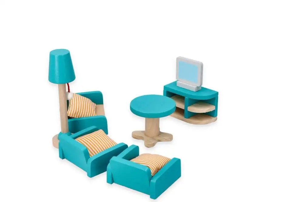 Puppenhaus-Möbel, Großes Möbelset, aus Holz, skandinavisches Set - Möbel für Wohnzimmer, Küche, Esszimmer, Lounge, Schlafzimmer und Terrasse - Stoffkissen - Einrichtung für eine gesamte Puppenstube — 25
