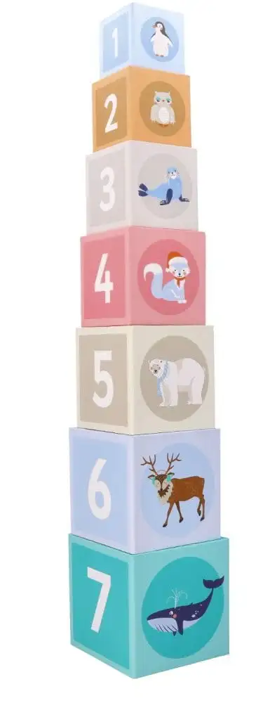 Stapelturm für Babys, Stapelbecher, Spielzeug ab 1 Jahr, arktische Tiere - 7X Tassen, 7X Tierfiguren - Bildungsspielzeug - Zahlen, Sprachen - Bemaltes Holz, Harter Karton - Geschenk für EIN Kleinkind — 4