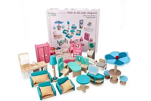 Puppenhaus-Möbel, Großes Möbelset, aus Holz, skandinavisches Set - Möbel für Wohnzimmer, Küche, Esszimmer, Lounge, Schlafzimmer und Terrasse - Stoffkissen - Einrichtung für eine gesamte Puppenstube — 2
