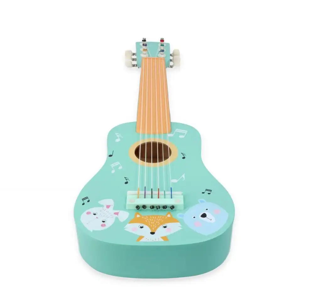 Kindergitarre aus Holz, Gitarre für Kinder ab 3 Jahre, 53x17x6 cm, 6-saitige Spielzeuggitarre, Nylonsaiten - mit Waldtieren und Noten verziert - bemaltes Holz - Musikinstrumente für Kinder — 4