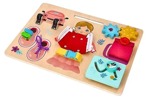 Motorik-Spielzeug mit der Figur Ania, Busy Board, Activity Board aus Holz, für Kinder ab 3 Jahren - Lernspielzeug - Zum Aufhängen im Kinderbett - Bemaltes Holz mit vorstehenden Elementen — 5
