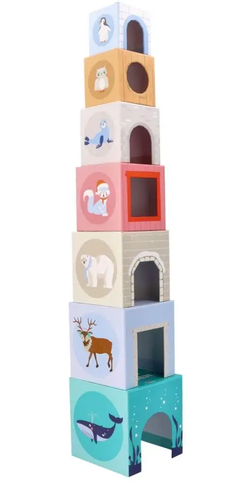 Stapelturm für Babys, Stapelbecher, Spielzeug ab 1 Jahr, arktische Tiere - 7X Tassen, 7X Tierfiguren - Bildungsspielzeug - Zahlen, Sprachen - Bemaltes Holz, Harter Karton - Geschenk für EIN Kleinkind — 7