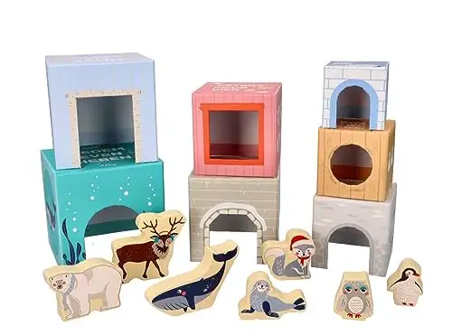 Stapelturm für Babys, Stapelbecher, Spielzeug ab 1 Jahr, arktische Tiere - 7X Tassen, 7X Tierfiguren - Bildungsspielzeug - Zahlen, Sprachen - Bemaltes Holz, Harter Karton - Geschenk für EIN Kleinkind — 17