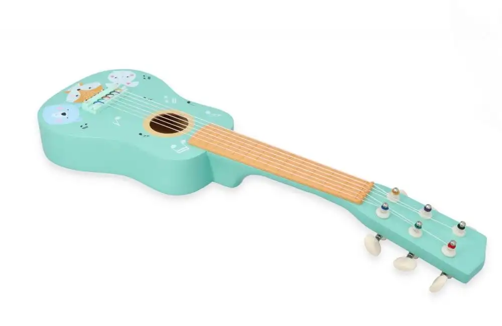 Kindergitarre aus Holz, Gitarre für Kinder ab 3 Jahre, 53x17x6 cm, 6-saitige Spielzeuggitarre, Nylonsaiten - mit Waldtieren und Noten verziert - bemaltes Holz - Musikinstrumente für Kinder — 7