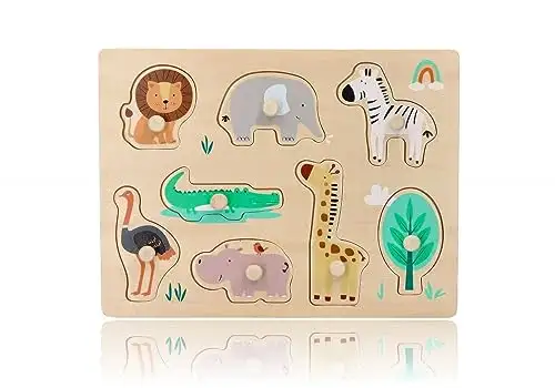 Holz-Steckpuzzle ab 1 Jahr, Tiere auf Safari, Kinder - Holzpuzzle 8 Elemente - Am Griff herausziehbar - Sensorisches Spielzeug - Exotische Tiere und Pflanzen — 14