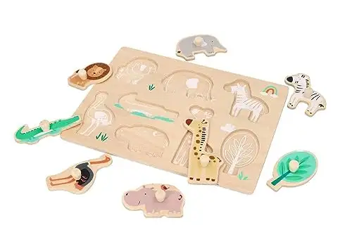 Holz-Steckpuzzle ab 1 Jahr, Tiere auf Safari, Kinder - Holzpuzzle 8 Elemente - Am Griff herausziehbar - Sensorisches Spielzeug - Exotische Tiere und Pflanzen — 8