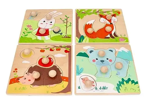 adam toys Holz-Steckpuzzle ab 1 Jahr, 4er Set, Kinder - Holzpuzzle, Thema Jahreszeiten, Tiere - Am Griff herausziehbar - Sensorisches Spielzeug - 3-4 Elemente pro Stück — 2