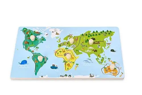 Holz-Steckpuzzle ab 1 Jahr, Weltkarte, Kinder - Holzpuzzle 6 Elemente - Am Griff herausziehbar - Sensorisches Spielzeug - Kontinente, Menschen der Welt — 17