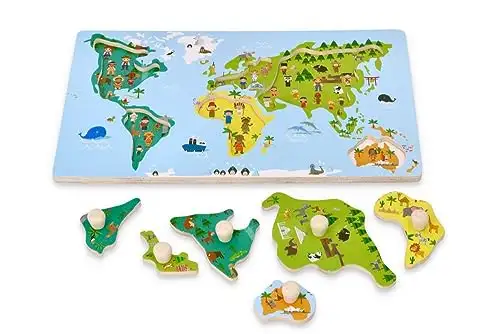 Holz-Steckpuzzle ab 1 Jahr, Weltkarte, Kinder - Holzpuzzle 6 Elemente - Am Griff herausziehbar - Sensorisches Spielzeug - Kontinente, Menschen der Welt — 8
