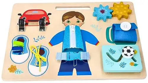 Motorik-Spielzeug mit der Figur Adam, Busy Board, Activity Board aus Holz, für Kinder ab 3 Jahren - Lernspielzeug - Zum Aufhängen im Kinderbett - Bemaltes Holz mit vorstehenden Elementen — 8