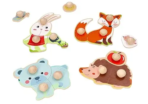 adam toys Holz-Steckpuzzle ab 1 Jahr, 4er Set, Kinder - Holzpuzzle, Thema Jahreszeiten, Tiere - Am Griff herausziehbar - Sensorisches Spielzeug - 3-4 Elemente pro Stück — 26