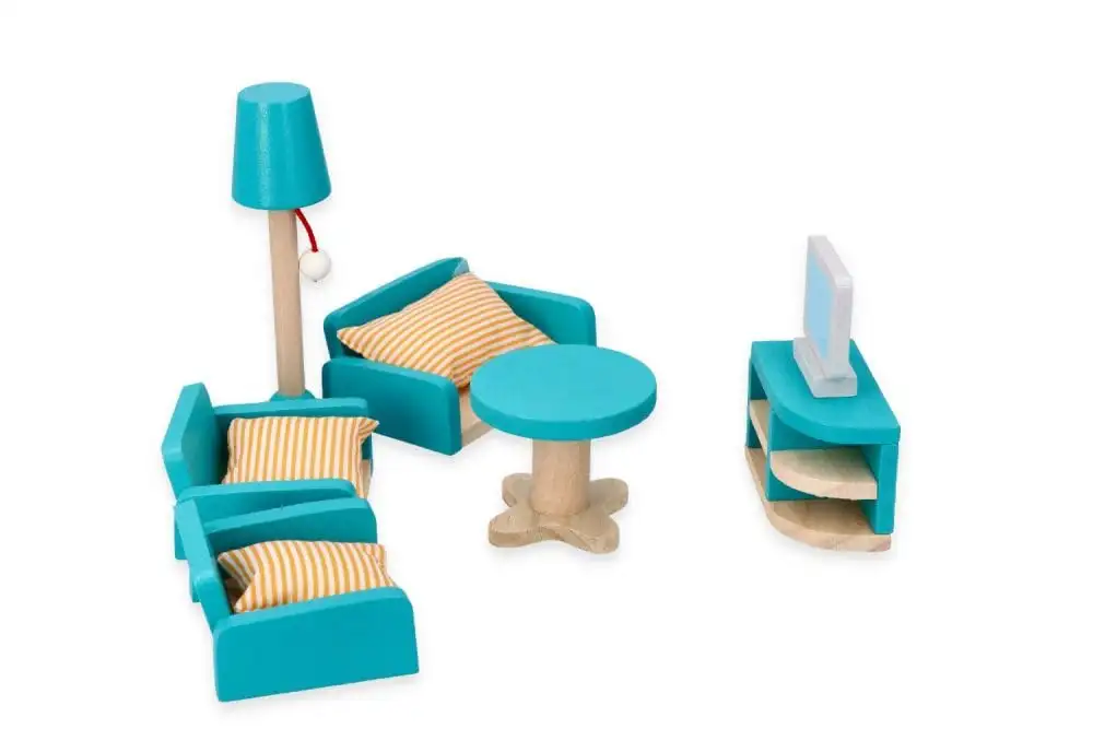 Puppenhaus-Möbel, Großes Möbelset, aus Holz, skandinavisches Set - Möbel für Wohnzimmer, Küche, Esszimmer, Lounge, Schlafzimmer und Terrasse - Stoffkissen - Einrichtung für eine gesamte Puppenstube — 22