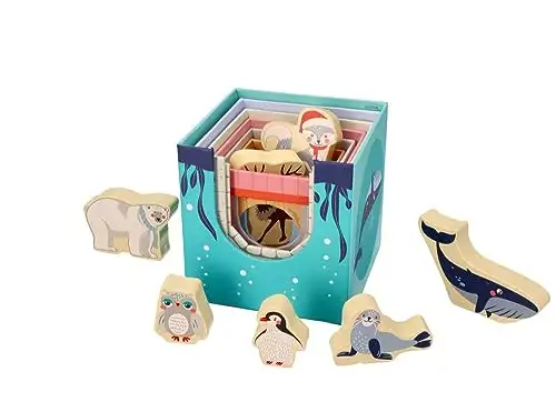 Stapelturm für Babys, Stapelbecher, Spielzeug ab 1 Jahr, arktische Tiere - 7X Tassen, 7X Tierfiguren - Bildungsspielzeug - Zahlen, Sprachen - Bemaltes Holz, Harter Karton - Geschenk für EIN Kleinkind — 23