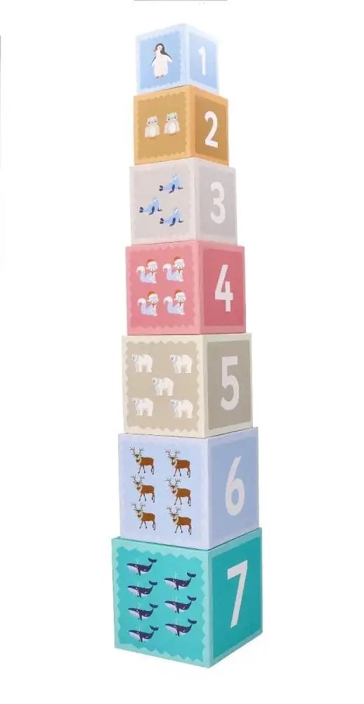 Stapelturm für Babys, Stapelbecher, Spielzeug ab 1 Jahr, arktische Tiere - 7X Tassen, 7X Tierfiguren - Bildungsspielzeug - Zahlen, Sprachen - Bemaltes Holz, Harter Karton - Geschenk für EIN Kleinkind — 13