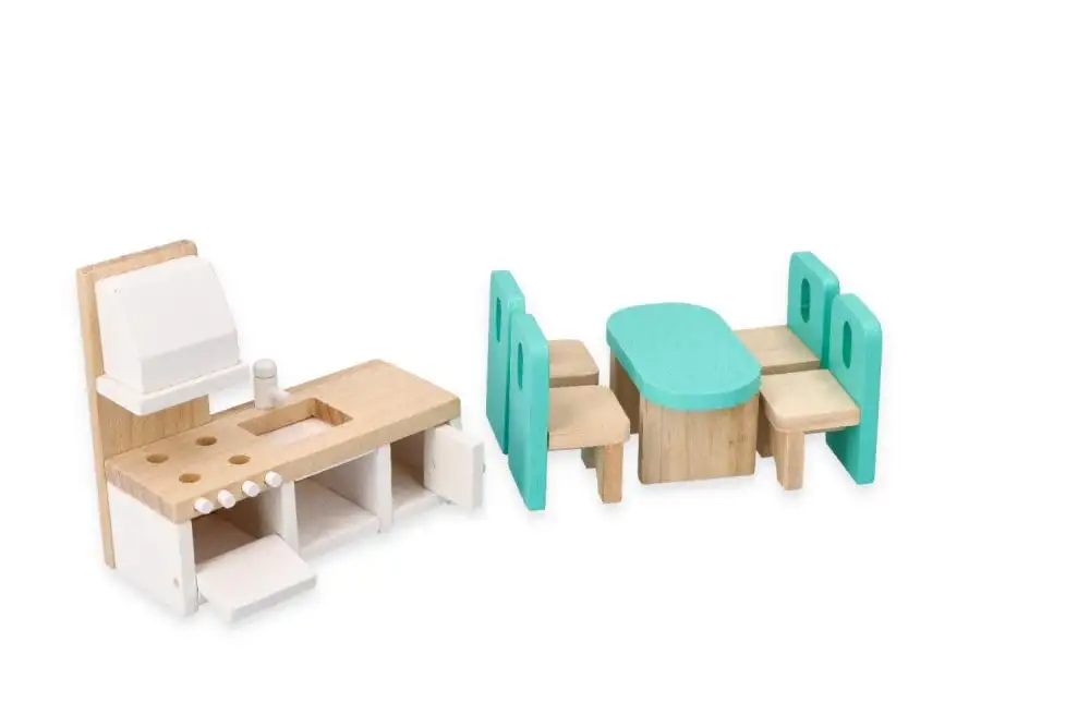 Puppenhaus-Möbel, Großes Möbelset, aus Holz, skandinavisches Set - Möbel für Wohnzimmer, Küche, Esszimmer, Lounge, Schlafzimmer und Terrasse - Stoffkissen - Einrichtung für eine gesamte Puppenstube — 16