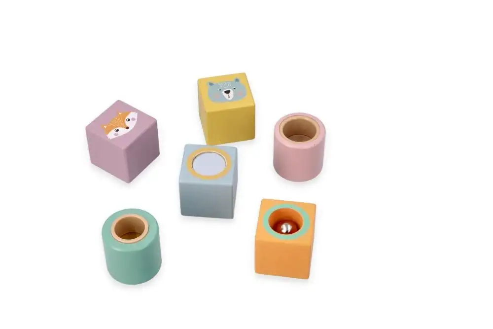 Klangbausteine, Holzbausteine, Bauklötze Baby - 6 Holzklötze: 4 Würfel, 2 Zylinder - Kinder Stapelspielzeug ab 1 Jahr - Sensorisches Spielzeug - Motorik-Spielzeug - Motiv Waldtiere — 7