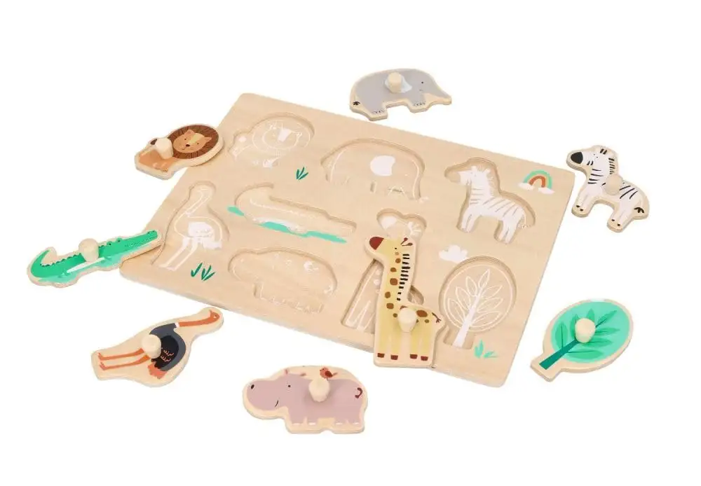 Holz-Steckpuzzle ab 1 Jahr, Tiere auf Safari, Kinder - Holzpuzzle 8 Elemente - Am Griff herausziehbar - Sensorisches Spielzeug - Exotische Tiere und Pflanzen — 7