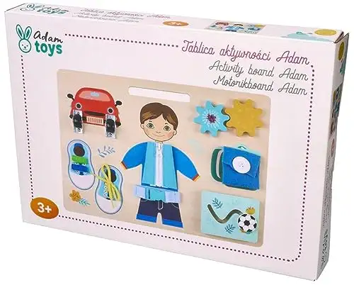 Motorik-Spielzeug mit der Figur Adam, Busy Board, Activity Board aus Holz, für Kinder ab 3 Jahren - Lernspielzeug - Zum Aufhängen im Kinderbett - Bemaltes Holz mit vorstehenden Elementen — 20