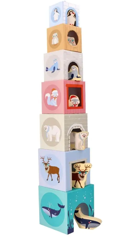 Stapelturm für Babys, Stapelbecher, Spielzeug ab 1 Jahr, arktische Tiere - 7X Tassen, 7X Tierfiguren - Bildungsspielzeug - Zahlen, Sprachen - Bemaltes Holz, Harter Karton - Geschenk für EIN Kleinkind — 10