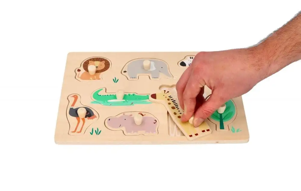 Holz-Steckpuzzle ab 1 Jahr, Tiere auf Safari, Kinder - Holzpuzzle 8 Elemente - Am Griff herausziehbar - Sensorisches Spielzeug - Exotische Tiere und Pflanzen — 4