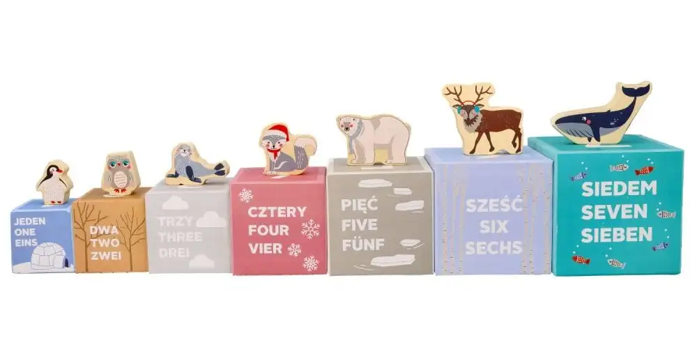 Stapelturm für Babys, Stapelbecher, Spielzeug ab 1 Jahr, arktische Tiere - 7X Tassen, 7X Tierfiguren - Bildungsspielzeug - Zahlen, Sprachen - Bemaltes Holz, Harter Karton - Geschenk für EIN Kleinkind — 19