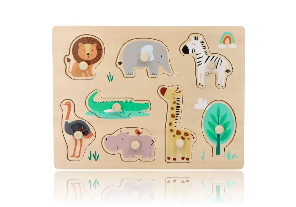 Holz-Steckpuzzle ab 1 Jahr, Tiere auf Safari, Kinder - Holzpuzzle 8 Elemente - Am Griff herausziehbar - Sensorisches Spielzeug - Exotische Tiere und Pflanzen — 13
