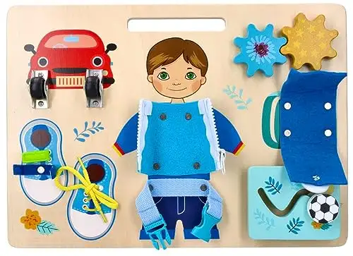 Motorik-Spielzeug mit der Figur Adam, Busy Board, Activity Board aus Holz, für Kinder ab 3 Jahren - Lernspielzeug - Zum Aufhängen im Kinderbett - Bemaltes Holz mit vorstehenden Elementen — 17