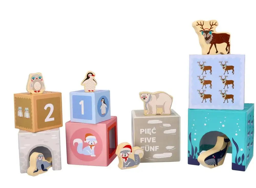 Stapelturm für Babys, Stapelbecher, Spielzeug ab 1 Jahr, arktische Tiere - 7X Tassen, 7X Tierfiguren - Bildungsspielzeug - Zahlen, Sprachen - Bemaltes Holz, Harter Karton - Geschenk für EIN Kleinkind