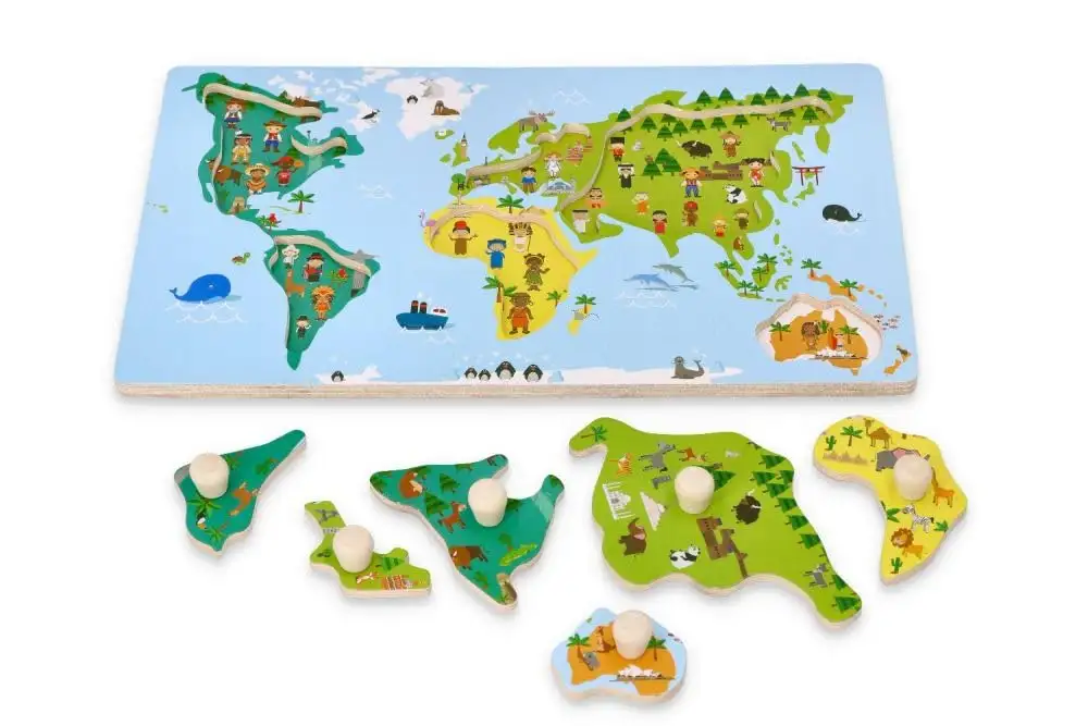Holz-Steckpuzzle ab 1 Jahr, Weltkarte, Kinder - Holzpuzzle 6 Elemente - Am Griff herausziehbar - Sensorisches Spielzeug - Kontinente, Menschen der Welt — 7