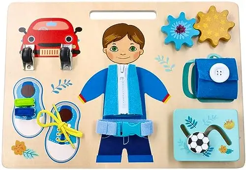 Motorik-Spielzeug mit der Figur Adam, Busy Board, Activity Board aus Holz, für Kinder ab 3 Jahren - Lernspielzeug - Zum Aufhängen im Kinderbett - Bemaltes Holz mit vorstehenden Elementen — 2