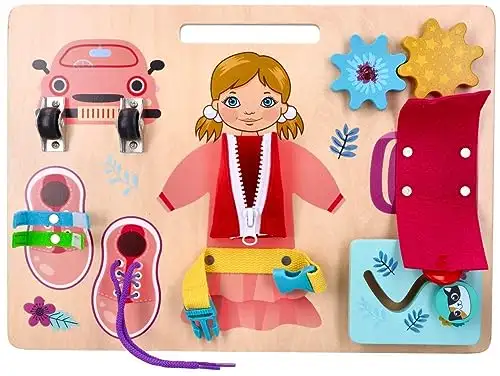 Motorik-Spielzeug mit der Figur Ania, Busy Board, Activity Board aus Holz, für Kinder ab 3 Jahren - Lernspielzeug - Zum Aufhängen im Kinderbett - Bemaltes Holz mit vorstehenden Elementen — 14