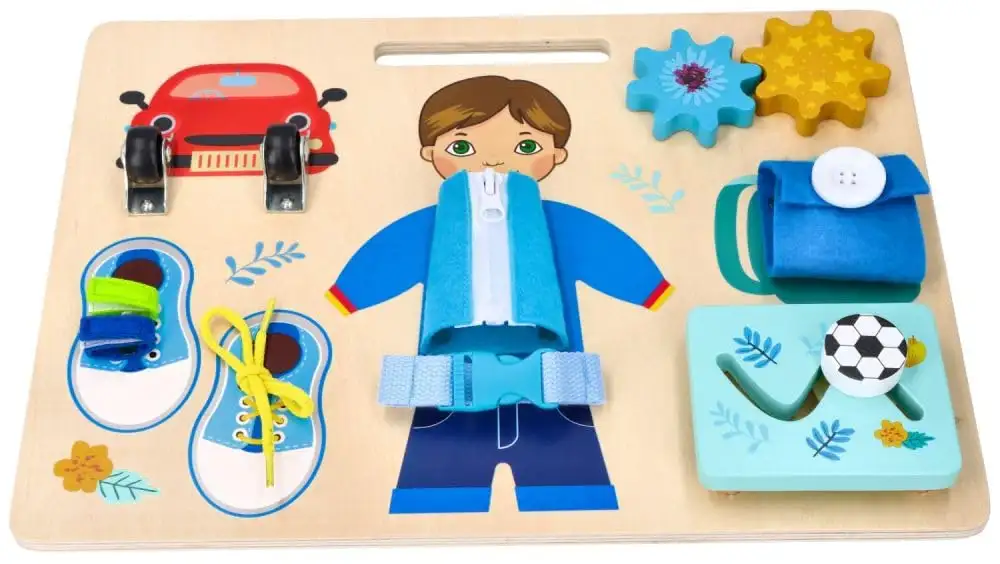 Motorik-Spielzeug mit der Figur Adam, Busy Board, Activity Board aus Holz, für Kinder ab 3 Jahren - Lernspielzeug - Zum Aufhängen im Kinderbett - Bemaltes Holz mit vorstehenden Elementen — 7