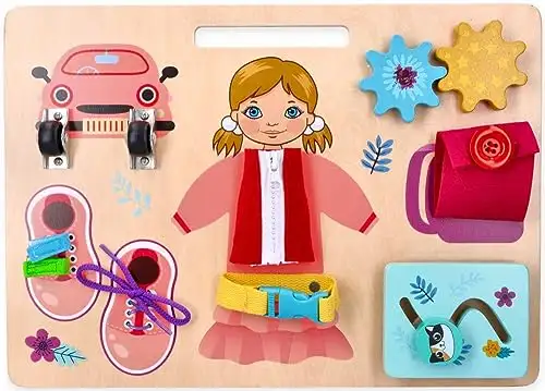 Motorik-Spielzeug mit der Figur Ania, Busy Board, Activity Board aus Holz, für Kinder ab 3 Jahren - Lernspielzeug - Zum Aufhängen im Kinderbett - Bemaltes Holz mit vorstehenden Elementen — 2