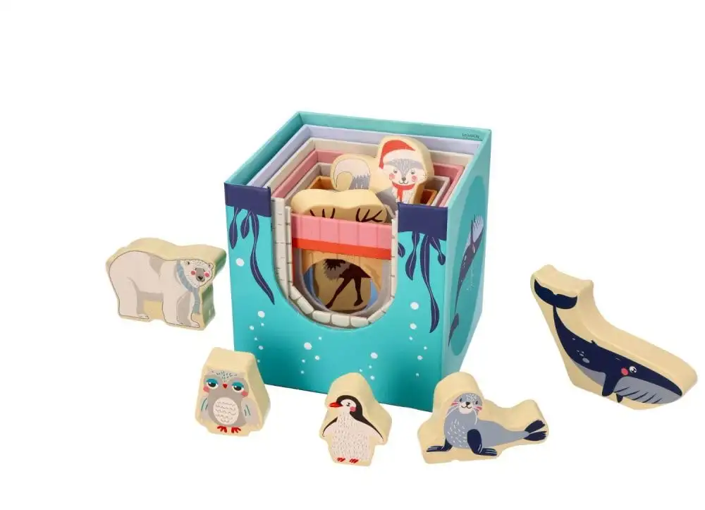 Stapelturm für Babys, Stapelbecher, Spielzeug ab 1 Jahr, arktische Tiere - 7X Tassen, 7X Tierfiguren - Bildungsspielzeug - Zahlen, Sprachen - Bemaltes Holz, Harter Karton - Geschenk für EIN Kleinkind — 22